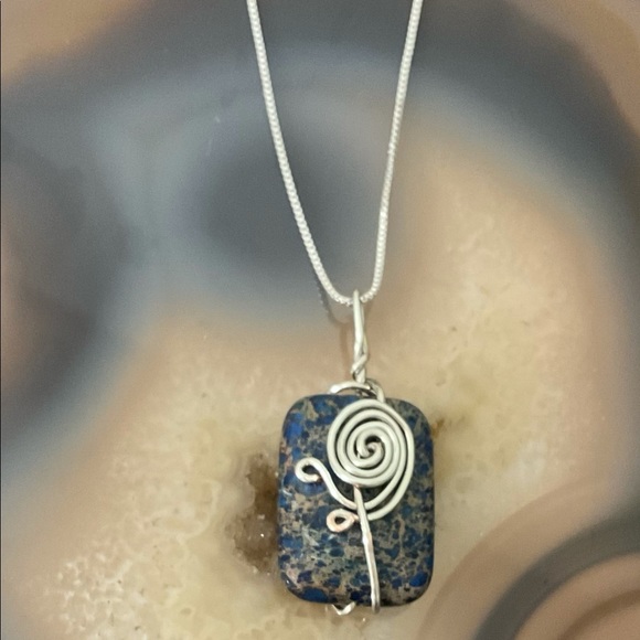 Handmade lapis wire wrapped pendant necklace sterling silver new - Picture 2 of 6